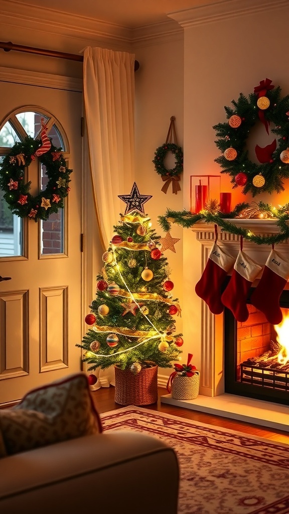 A festive living room with a Christmas tree, handmade wreath, and stockings by the fireplace.